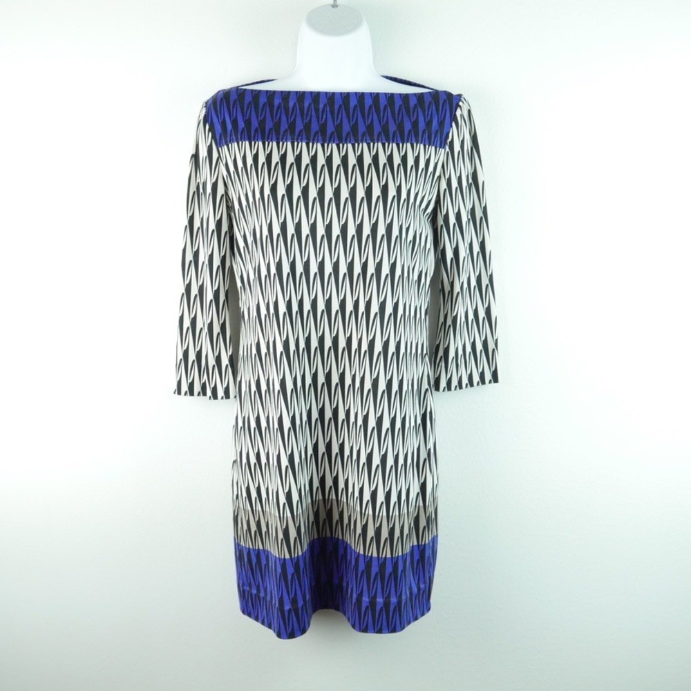 Diane von Furstenberg‎ Silk Jersey Geometric Print Boat Neck Shift Dress Blue 6